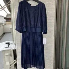 【フォーマルドレス】ネイビー レーストップス プリーツドレス