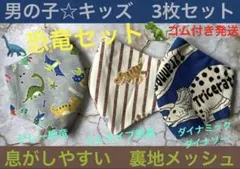 子ども　マスク　キッズ　幼児　男の子　恐竜　ティラノ　トリケラトプス　青　3枚