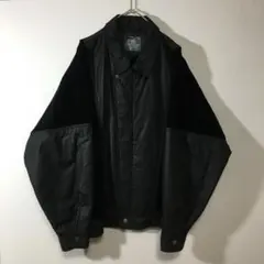 【個性派古着】黒ブルゾン　ベロア調　異素材切り替えアウター　メンズＬ　フルジップ