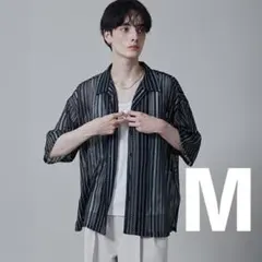 WEGO ストライプ メッシュシャツ 半袖 チャコール M ビッグシルエットのサムネイル