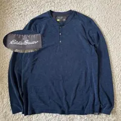 eddie bauer ロンt ヘンリーネック　長袖カットソー　ロゴ　紺