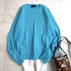 美品 ラルフローレン クルーネック ケーブルニット ブルー レディースXL