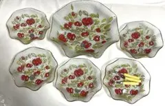 昭和 レトロ 赤い果物の花柄 ガラス食器セット 6枚 3 個 デザートフォーク