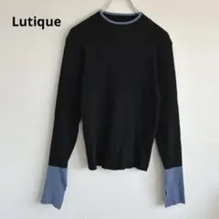 しまむら Lutique 配色リブニット L 黒　青　袖スリット　バイカラー