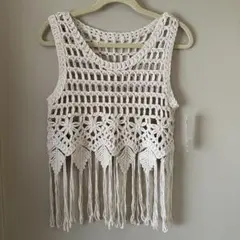 しまむら フリンジ かぎ針編み クロシェ ベスト L