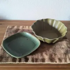 益子焼 緑色 八角 オーバル皿 陶器 2枚セット　約27cm×18cm 大きめ 益子焼 緑色 八角 オーバル皿 陶器 2枚セット 約27cm×18cm 大きめ