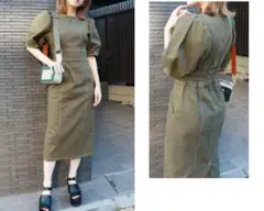 MURUA カーキ ギャザースリーブステッチワンピース