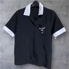 ボウリングシャツ ブラック×ホワイト ミッキー 刺繍入りのサムネイル