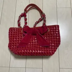 ピンク×レッド 編み込み ショルダーバッグ リボンのサムネイル