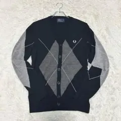 フレッドペリー メリノウール ビッグアーガイル カーディガン 黒 刺繍 Sサイズ