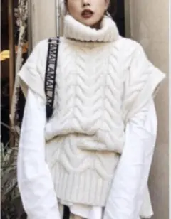 ZARA☆ケーブルニット☆タートルオーバーベスト☆白ホワイト☆M