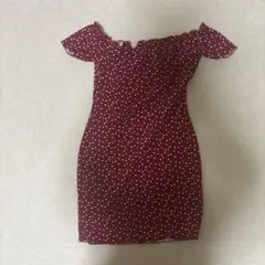 バーガンディ ハート柄 オフショルダー ミニワンピース