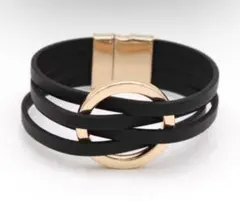 多層レザー ブレスレット レディース ブラック×ゴールド 円形デザイン