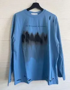 新品タグ付 ダメージ加工プリント ロンT 長袖 Tシャツ ストリート 青M