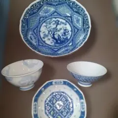 美 有田焼 欽山作 古伊万里様式 染付祥瑞文 輪花盛鉢 八角皿 飯碗 湯呑 4点 美 有田焼 欽山作 古伊万里様式 染付祥瑞文 輪花盛鉢 八角皿 飯碗 湯呑