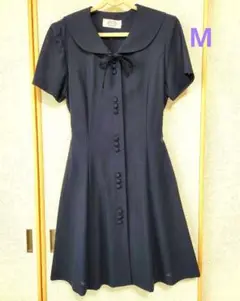 Ale tine ネイビー 半袖 ワンピースリボン ボタン付フレアスカート 9号