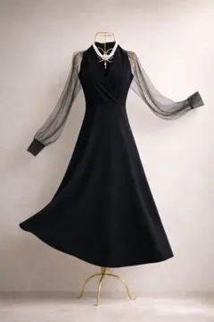 黒ワンピース L 美シルエット 結婚式 お呼ばれ 上品 フォーマル パール付