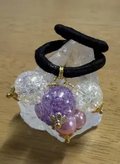 ハンドメイド　ヘアゴム　パープル＆ホワイト　キラキラ