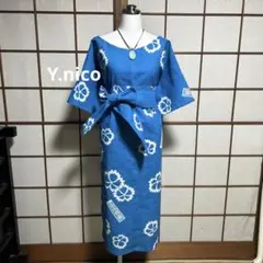 LL 浴衣リメイク 新品反物紺地花柄 ゆったりワンピース ベルト無し