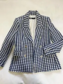 ZARA ネイビーとホワイト チェック柄 ジャケット