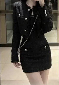 ツイード セットアップ ワンホン ミニワンピース ブラック 韓国S