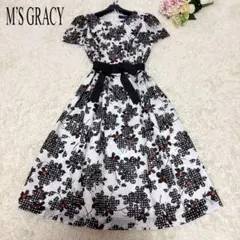美品 エムズグレイシー リボン 花柄 切り替え フレアスカート