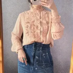 ヴィンテージ 昭和レトロ古着 ストライプ柄スタンドフリルカラーブラウス シアー感