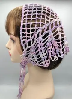 バブーシュカ　ピンク系段染　三角巾　　ヘットドレス　20番レース ハンドメイド