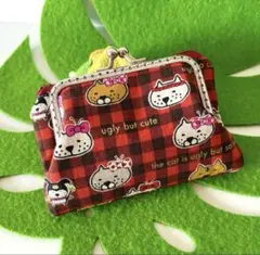 ちょっとお買い物がま口♪赤チェック♪ねこ♡