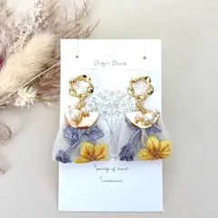 ☘インド刺繍リボンとコットンパールのピアス☘イエロー グレー 春物 上品 大ぶり