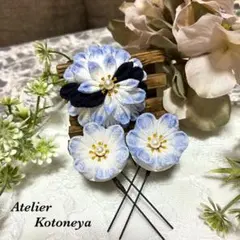 つまみ細工髪飾り3点セット♡白&青♡(成人式、卒業式、結婚式 、着物、袴)