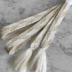 絹 帯締め☆礼装用 笹浪組 平組 白×金糸 途切れ斜め縞 フォーマル 組紐