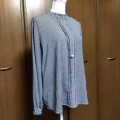 IENA コットンフリルシャツブラウス ブルー スタンドフリル 上品 