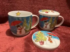 雪だるまとクリスマスツリーのマグカップ2個セット蓋付き