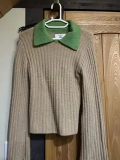 リブ編み長袖ニットセーター M ベージュ・グリーン