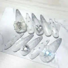 ネイルチップ 白 ホワイト キラキラ リボン ハート ワンホン フレンチガーリー