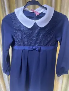 ネイビー 長袖 フォーマルワンピース レース襟