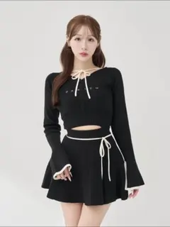 ウエストオープンリボンデザインニットミニワンピース Darich