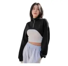 黒 クロップド スウェット ハイネック