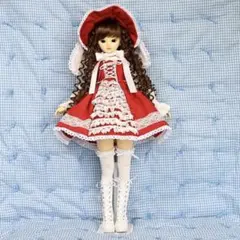 ビスクドール用 ドレス ジャケット ボネ 赤色 レッド グレー色地いちご