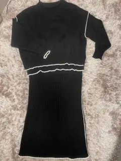 リブ編みニット長袖セットアップ スリット入り