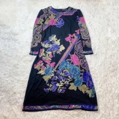 【美品】LEONARD レオナール シルク混 トリム ロングワンピ 花 フラワー
