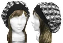 ハンドメイド◆リブ付ベレー帽(ゆったり)◆アーガイル風透かし織ニット／黒×白系