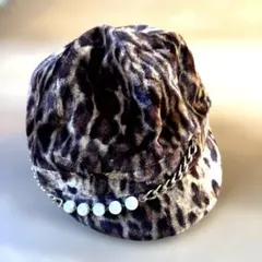 dnopono レオパード柄 ファー帽子 キャスケット チェーン パール 秋冬