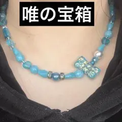ターコイズブルー ビーズネックレス リボンモチーフ カジュアルハンドメイド