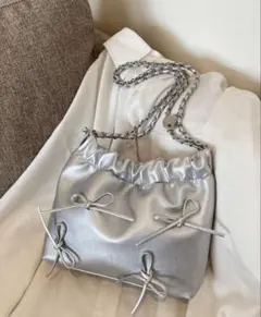 リボン付き チェーン ショルダーバッグ シルバー