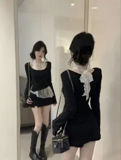 ワンホン　レース重ね着風 長袖トップス ブラック