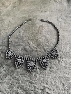 アンティークチョーカー葉型SILVER刻印 大粒ラインストーンアールデコ調