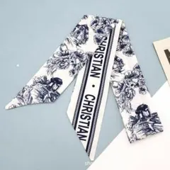 リボンスカーフ バッグスカーフ ネイビー　フラワー　英字　リボン ヘアリボン