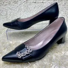 『美品』銀座かねまつ　パンプス　ビジュー　ブラック　黒　レザー　ポインテッドトゥ